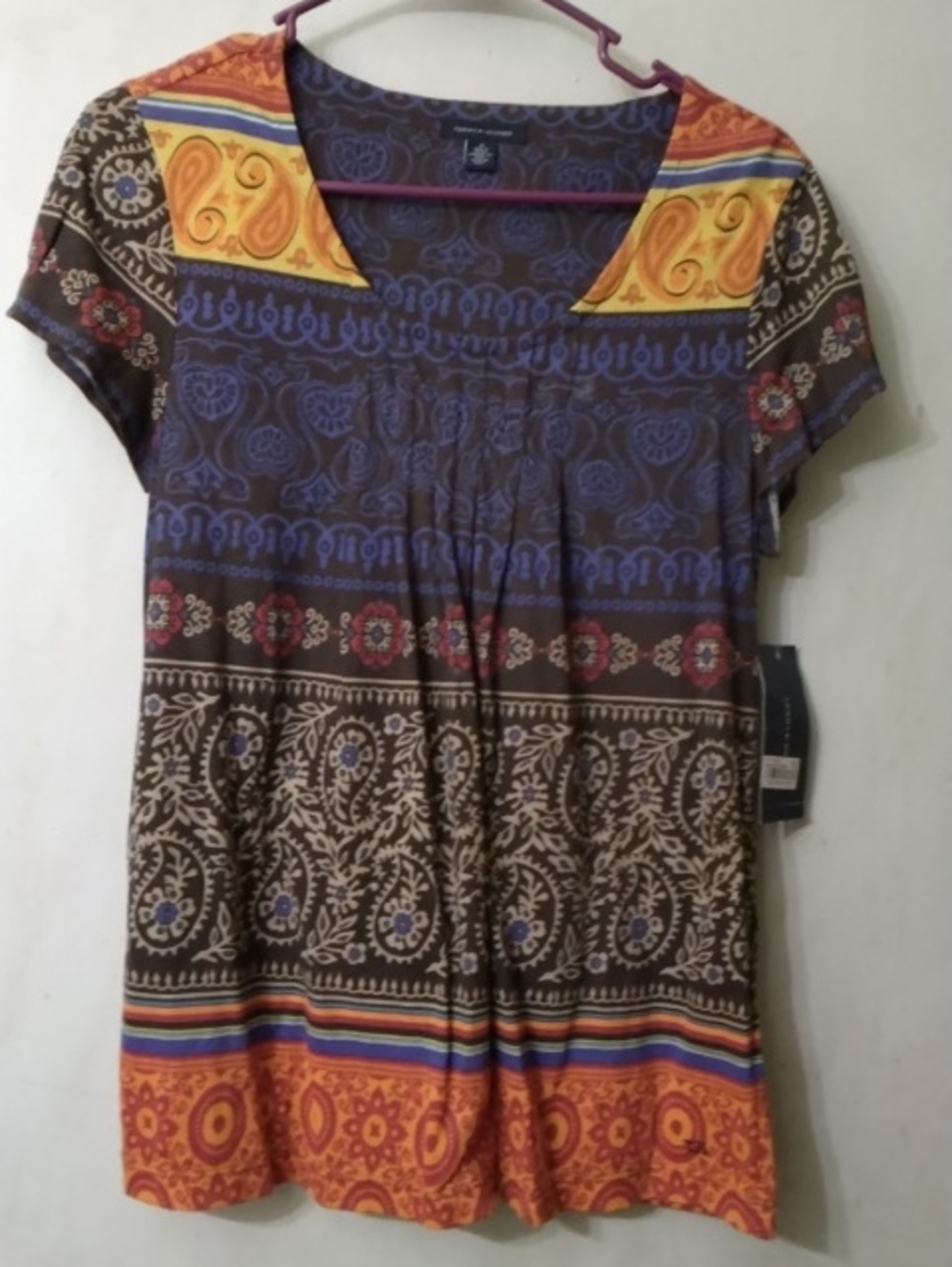 Tommy Hilfiger Multicolor Short Sleeve Boho Print Top Women's Sz Medium